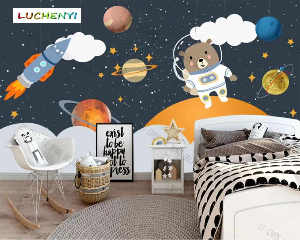 Custom  planet starry cartoon space Rocket astronaut kids' wallpaper mural,living room young people bedroom home decor sticker