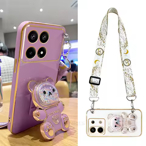Pocox6pro Crossbody Lanyard Bear Silicone Case On For Xiaomi Mi Poco X6 F6 M6 Pro 4g X6pro 5g X5 X3 F5 C65 C75 C55 Holder Cover