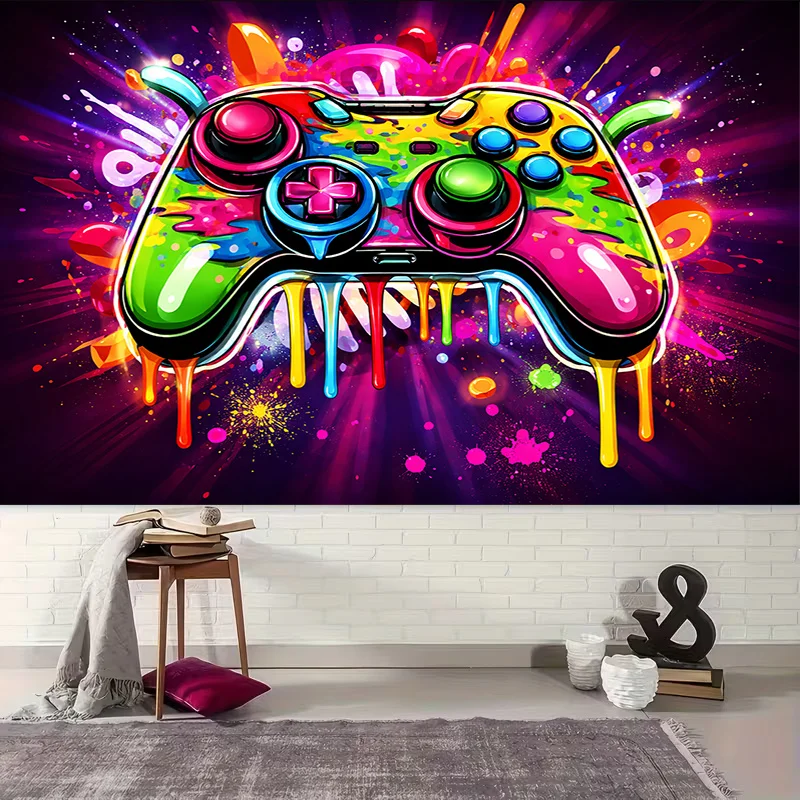 VIKAMA Neon Graffiti Game Controller Tapestry Wall Art for Bedroom Living Room Decoration Colorful Splashing Ink Game Theme