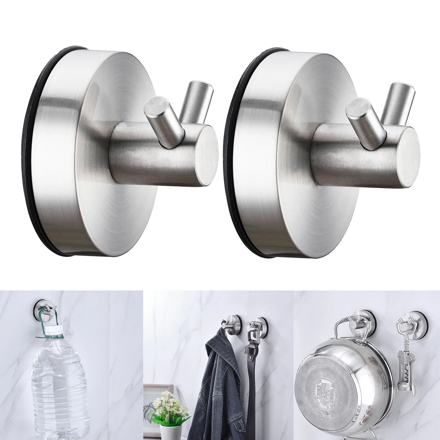 2pcs 5KGS Vacuum Suction Cup Hook Reusable Hanger Towel Hooks Stainless Steel Robe Hook Nickel Kitchen Bathroom Home Accessories