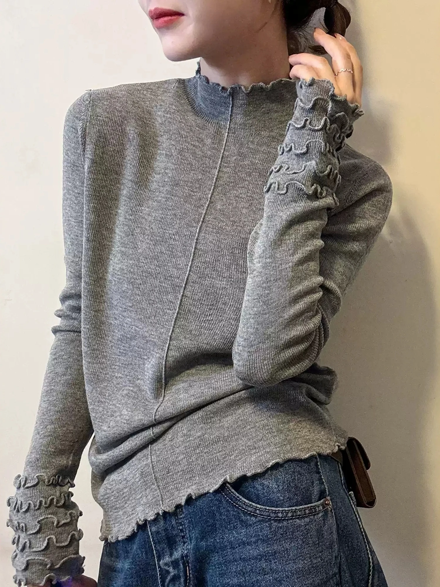Soft Long Sleeve Knitted Sweater Half High Collar Skin-friendly Wooden  Trim Gentle Style Autumn Winter Inner Wear Top