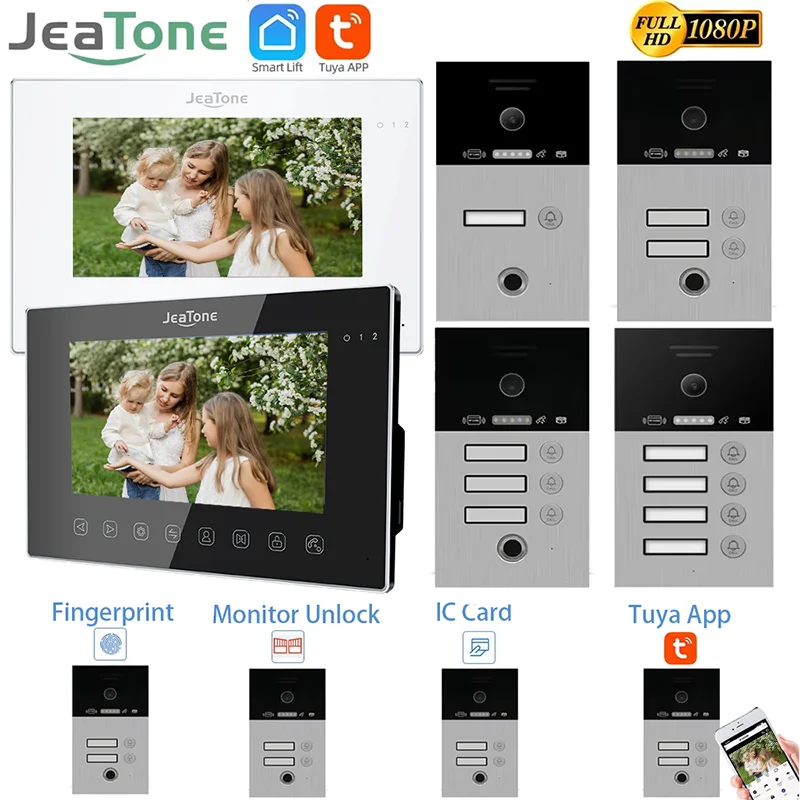 Jeatone 지문 잠금 해제 와이파이 초인종 비디오 인터콤 시스템, 가정용 RFID 도어폰 투야 스마트용, 7 인치 1080P 모니터 키트, 4 인 1 