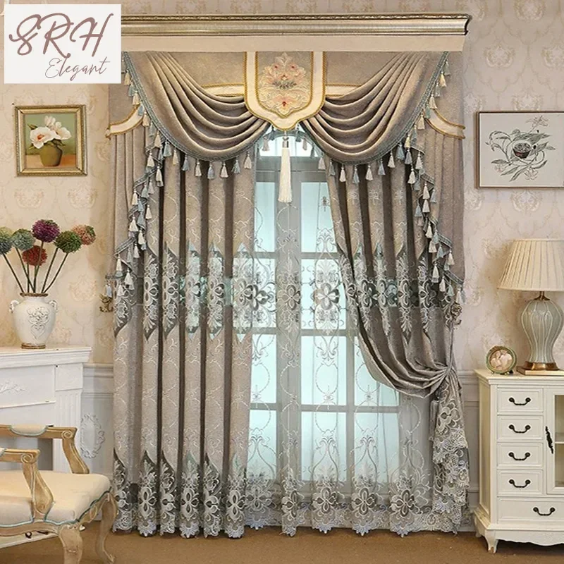 

European Luxury Curtains Blackout Bedroom New Chenille Embroidery Living Room Embroidered Jacquard Curtains tulle Window