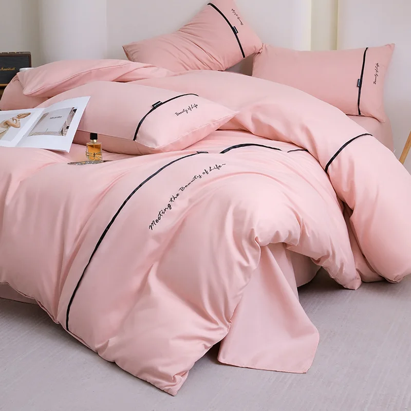 new solid color embroidered ribbon double-spell skin-friendly washed cotton 4-piece set bed sheet and fitted sheet style