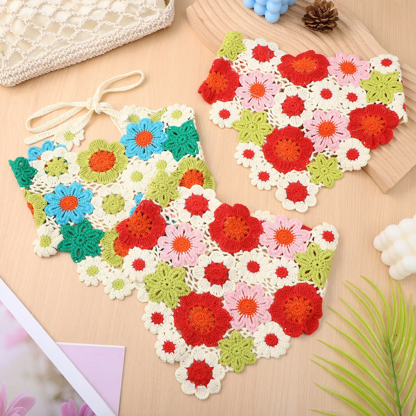 

Набор из 3 штук: Цветочные вязаные крючком платки-банданы для женщин, мягкие эластичные вязаные повязки на голову для пляжа, вечеринок и отпуска