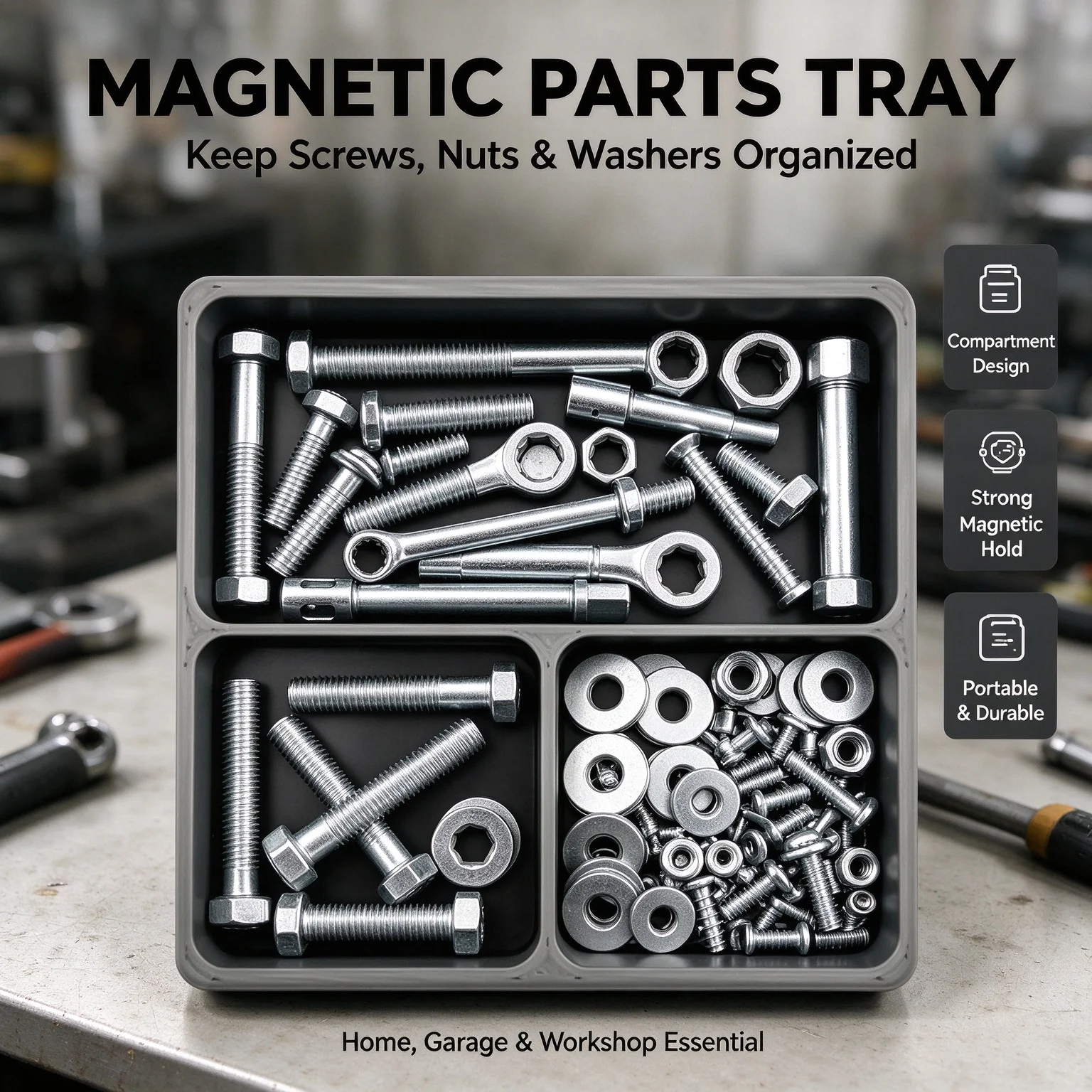 Magnetic Parts Tray with Compartments Portable Space-Saving Heavy Duty Screw Holder Magnet Organizer for Home Garage Workshop