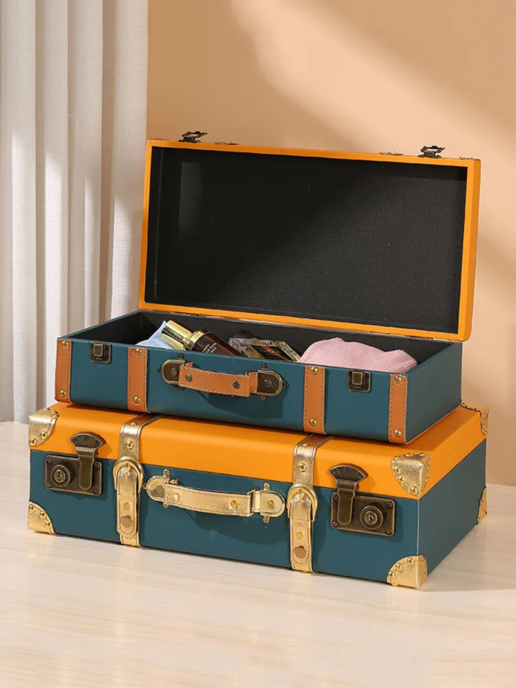 Customized Retro Suitcase Travel Leather Luggage Storage Box Photography Wooden Box Decoration Display Props Suitcases Ornaments