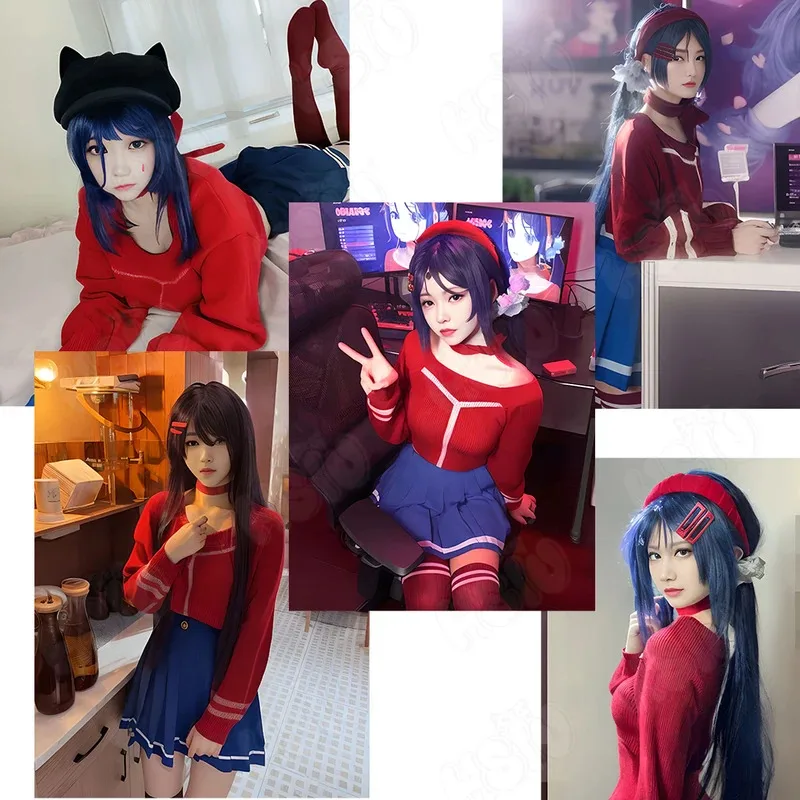 ميتا تأثيري حلي شعر مستعار HSIU 80 سنتيمتر الأزرق مزدوجة ذيل حصان الشعر الطويل JK زي مدرسي لعبة MiSide ميتا تأثيري حلي شعر مستعار