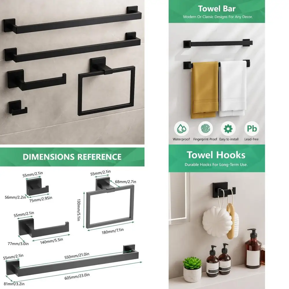 Stainless Steel Matte Black Bathroom Hardware Set: 5-Piece Towel Rack and Accessory Collection