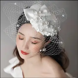 British Style Ladies Pearl Hat Bridal Mesh Bow White Cap Wedding Vintage Renaissance