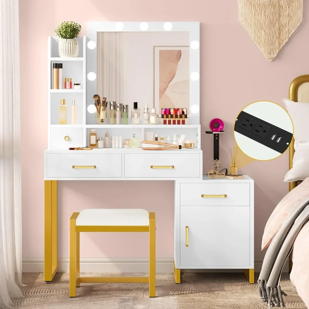 Vanity Mirror with Lights, Drawers, and Adjustable 3-Color Lighting - White