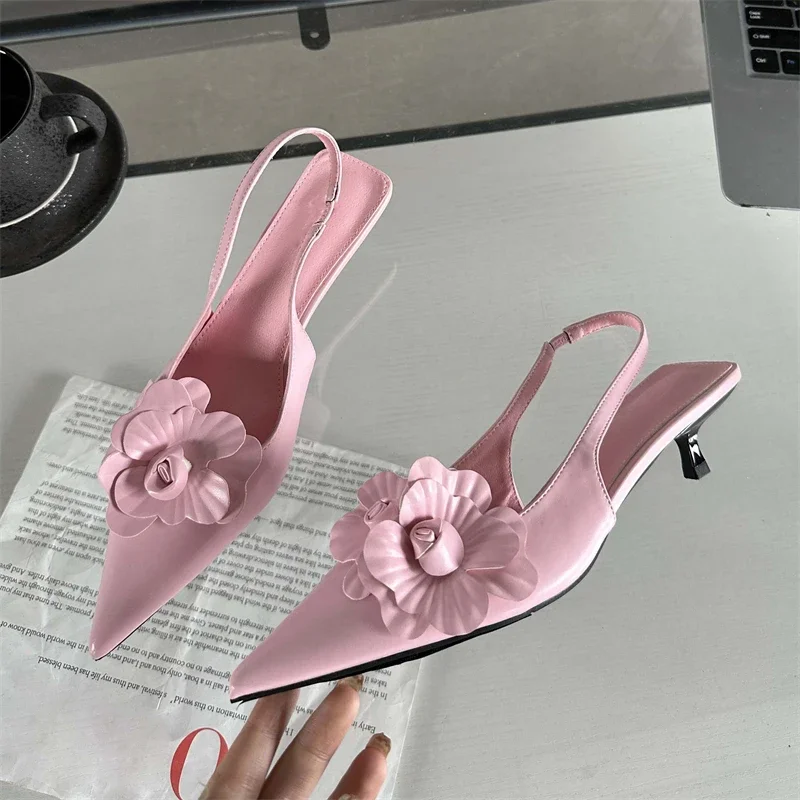 Eilyken Fashion Sexy Flower Pointed Toe Thin Low Heels Pumps Women Elegant Wedding Slingback Mules Shoes Zapatos De Mujer