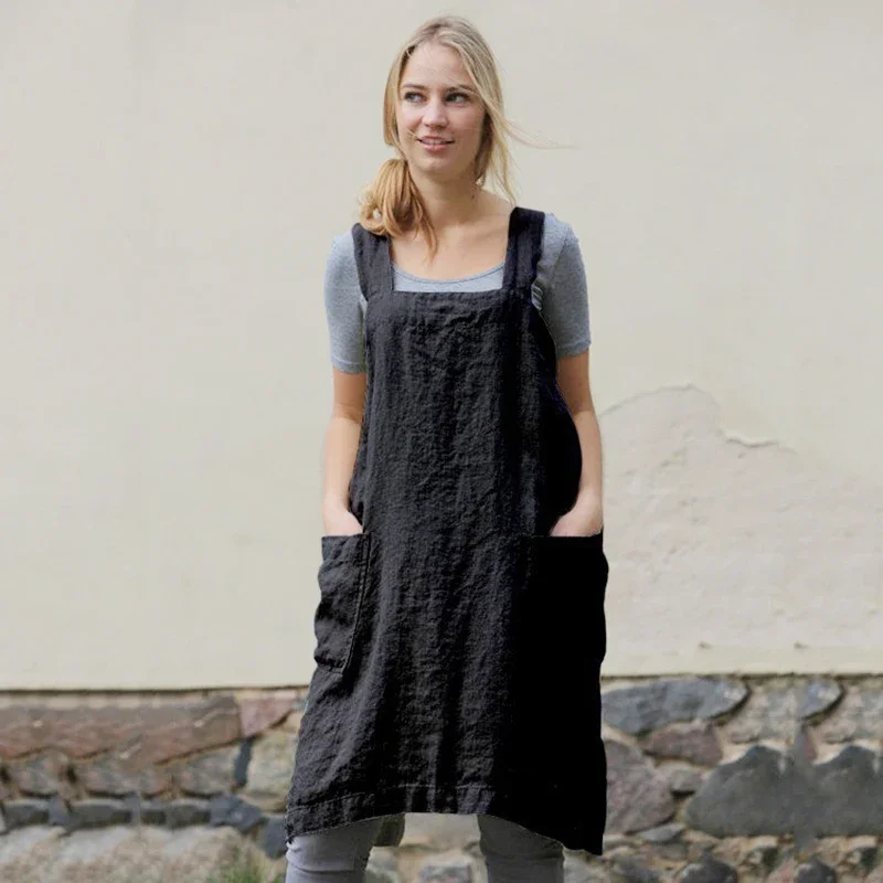 新しいシンプルな和風綿とリネンエプロン女性のホーム快適なファッションオーバーオールフラワーショップレトロ絶妙なレースフリー