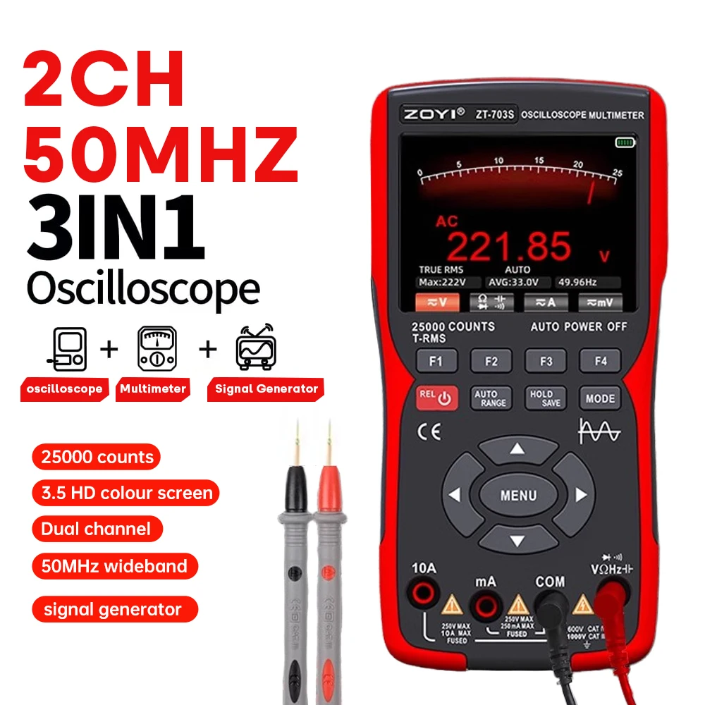 ZOYI ZT-703S 3-in-1 Oscilloscope Multimeter with 3.5 Inch IPS Display,25000 Counts, Dual Channel 50MHZ Bandwidth,280MSa/s High