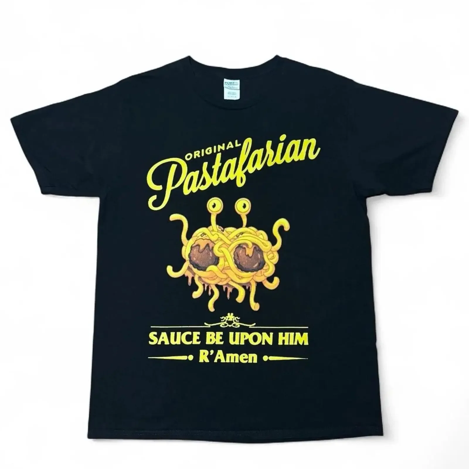 Y2K Pastafarian Sauce Be Upon Him Ramen Vintage Seinfeld T shirt Large vintage Washed Stretched fashion Top For Everyday Wear
