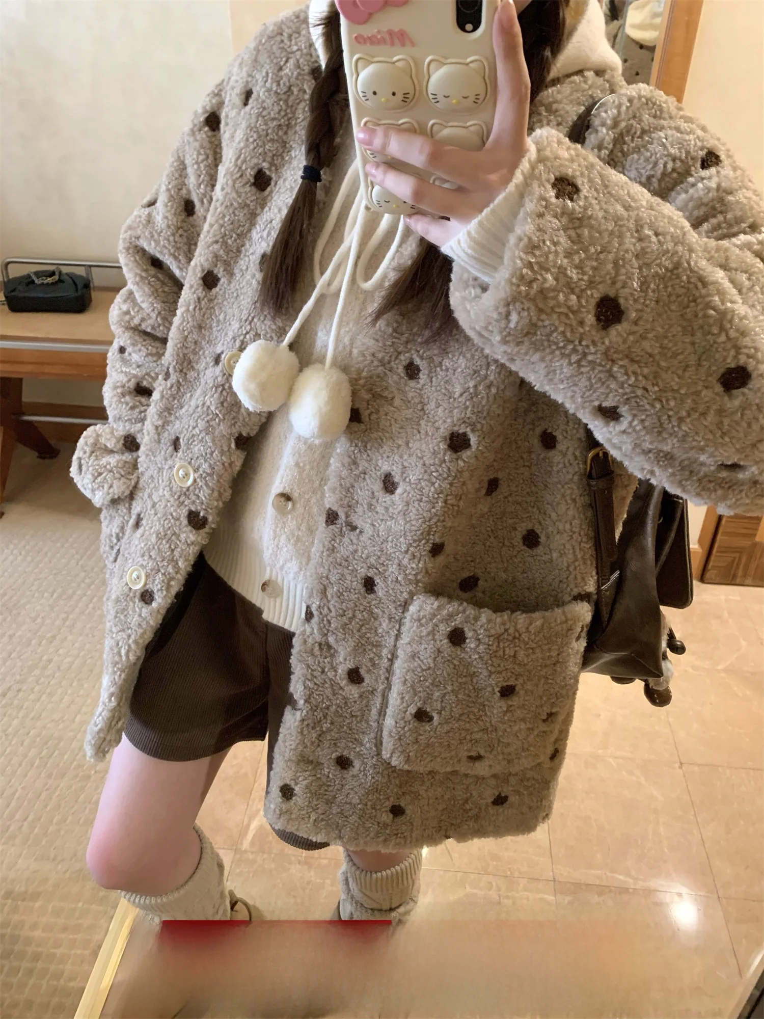 

Пальто TheDouerr осенне-зимнее утепленное из овечьей шерсти, в горошек, цвета молочного чая, женское шерстяное пальто Svel Jaet