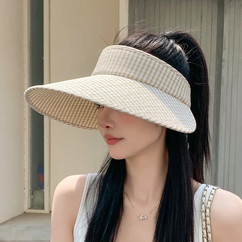 Chapeau de protection solaire d'été pour femmes, chapeau d'extérieur à carreaux frais, petit parfum, banderole à vent, nœud, grand bord, chapeau haut-de-forme vide
