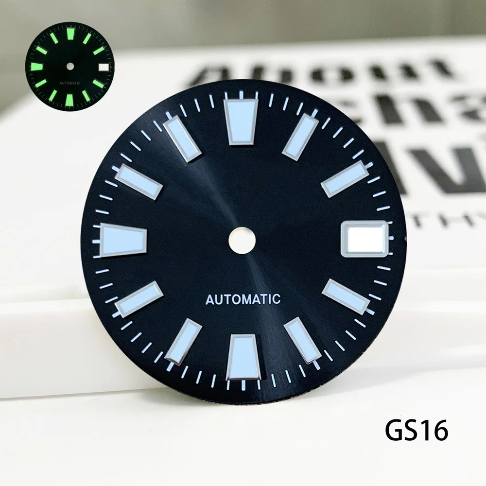 28.5mm GS logo single calendar dial, material with sun pattern and green night light, suitable for NH35/NH36 movements