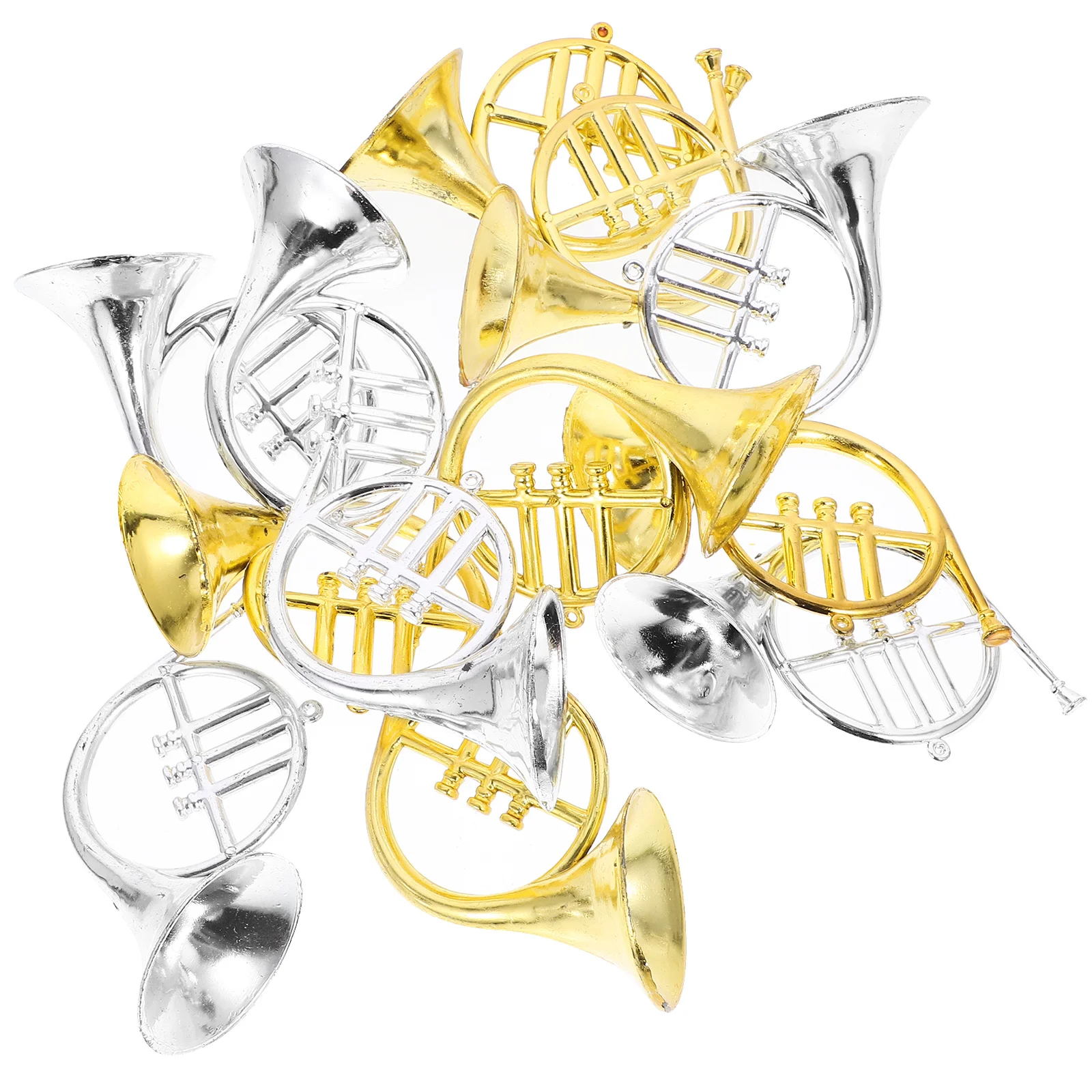 12 pezzi simulato corno francese ornamento mini strumento musicale in plastica decorazione per albero di Natale appeso ciondolo vintage artigianale fai da te