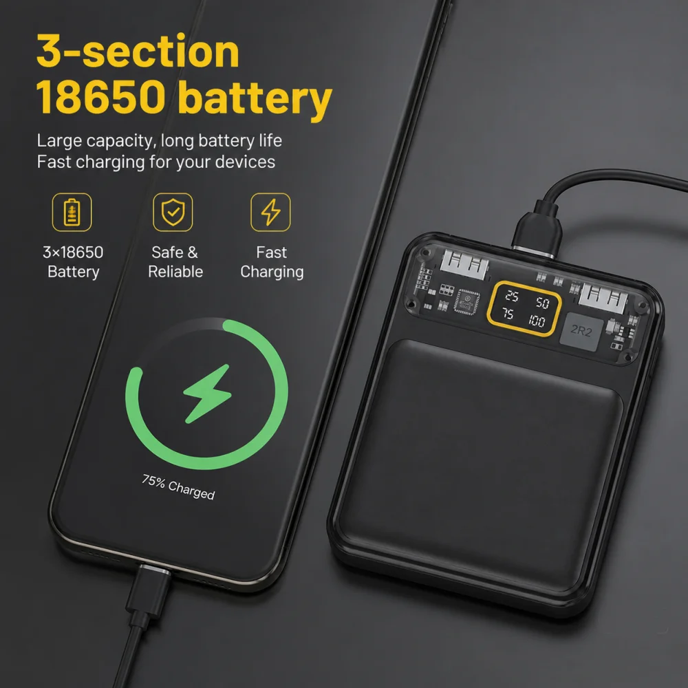 

Power Bank Battery Dual USB Battery Pack Digital Display Mini 3 18650 Batteries Transparent Screen Power Box For phone TYPE-C