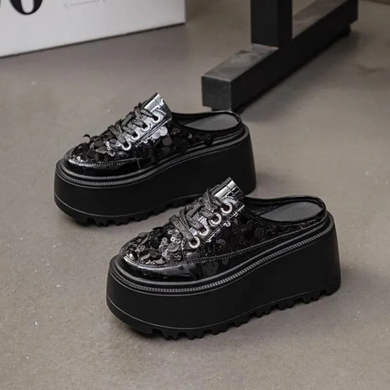NEW 8cm High Glitter Fashion Casual Platform Wedge Slippers Summer Air Mesh Patent Microfiber Leather Women Bling Sandals Shoes