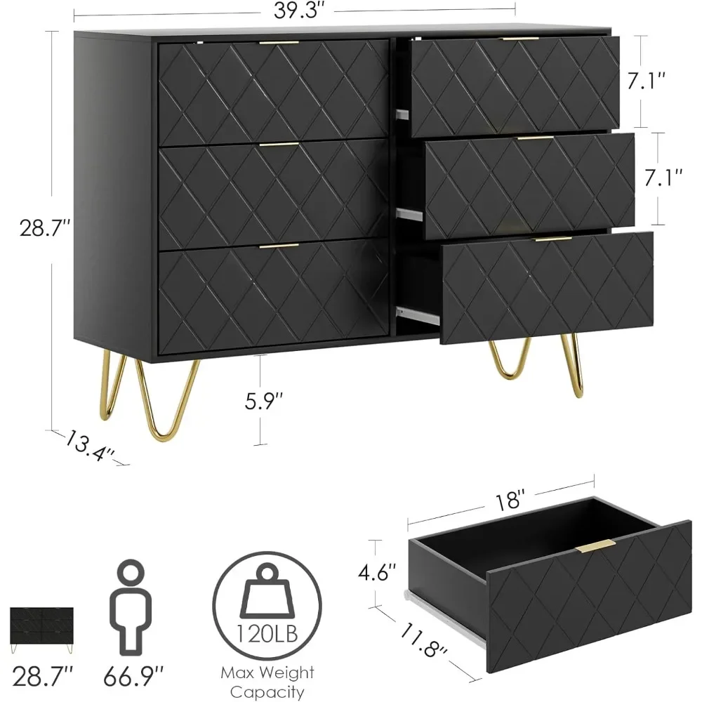 6 Drawer Dresser, Modern Drawer Chest, Wide Storage Dresser Chest Cabinet Organizer Unit With Metal Legs, Chest Of Drawers|