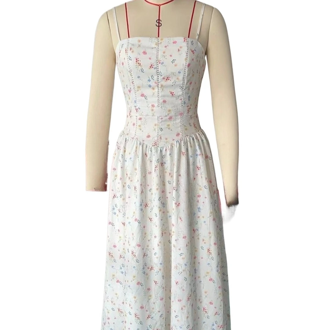 

Frech Fairy Spaghetti Straps Thin Floral Print Long Summer Dress