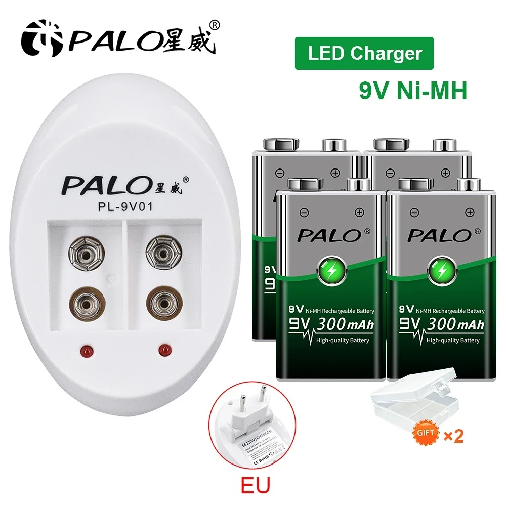 PALO 300mAh 9V NIMH Rechargeable Battery 6F22 9V Crown Battery + 9V Battery Charger For 9V NI-MH Li-ion Rechargeable Batteries