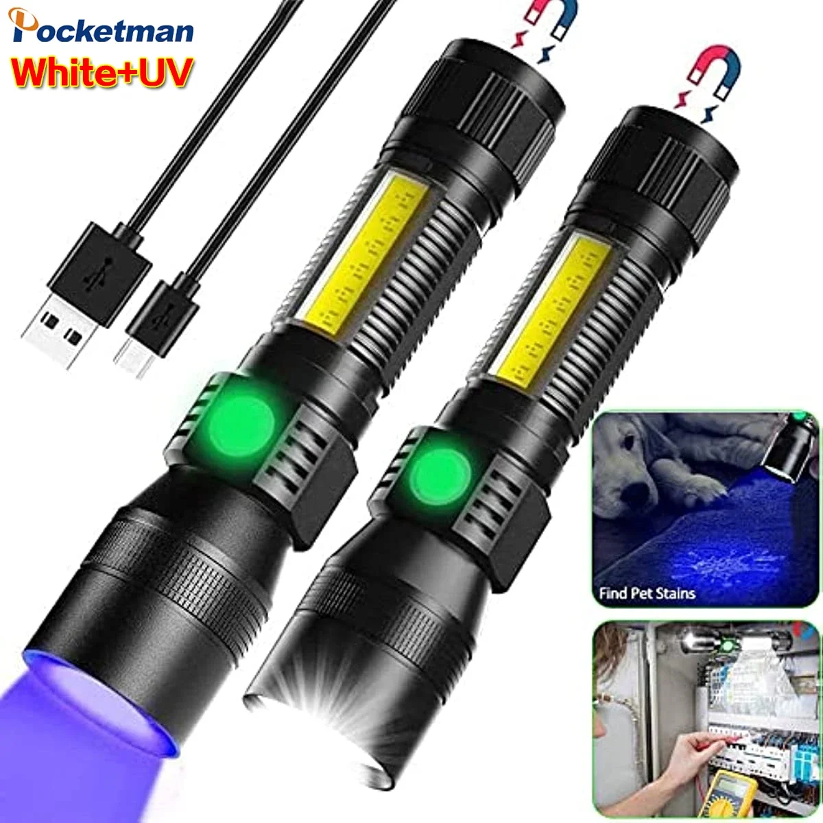 

Super Bright LED Flashlight USB Rechargeable UV Blacklight Zoomable 7Modes Waterproof Pocket Red White Light Torch