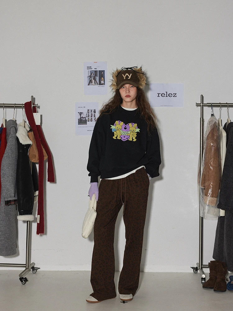 

Relez Creative Print Thiened Fce round Ne Sweatirt Women Winter New Casual Overhead Velvet Top Cotton 00% Long Sve