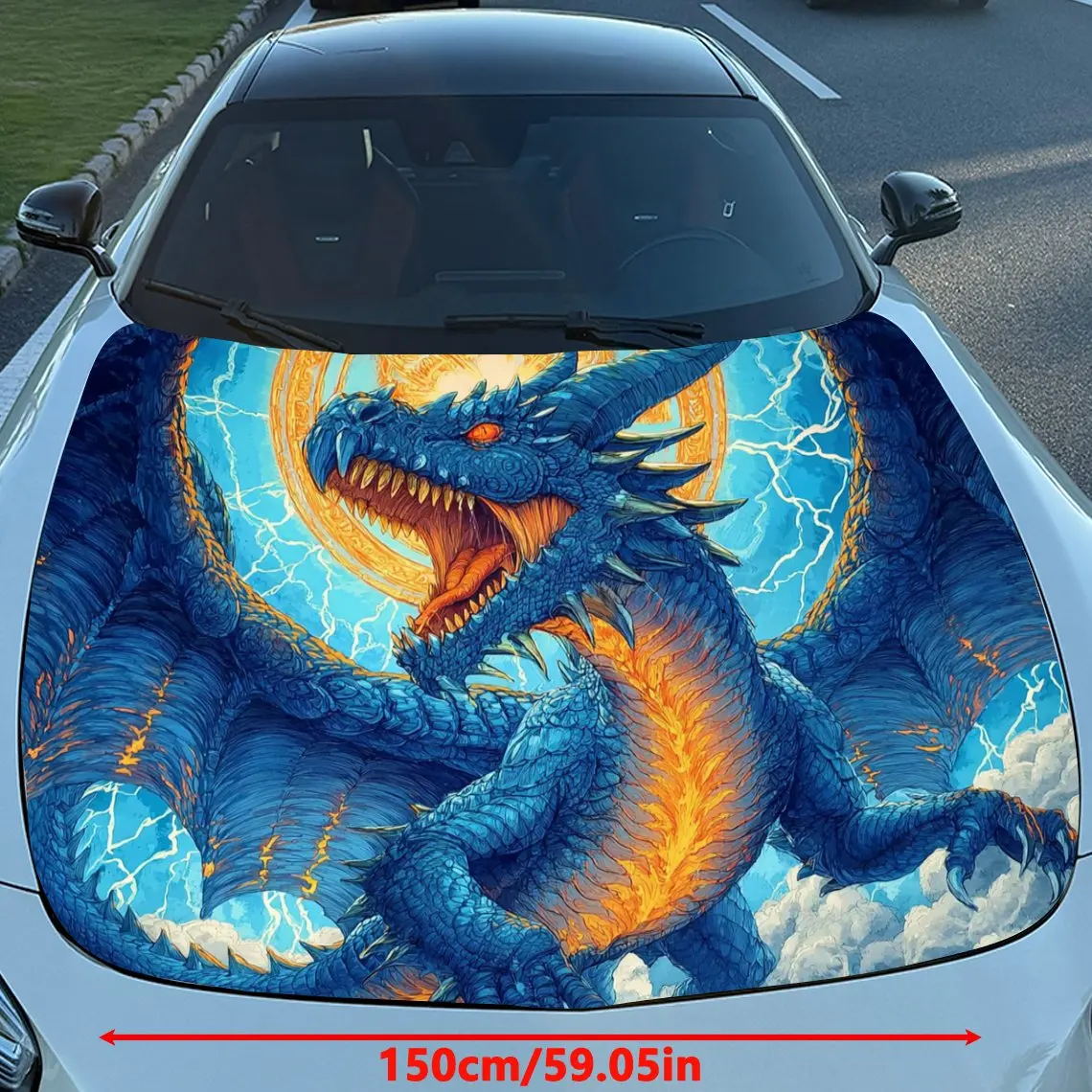 Dramatic Blue Dragon Car Hood Sticker-Durable PVC Material, Self-adhesive Suitable For Cars, Trucks Or Motorcycles, Unique Gift