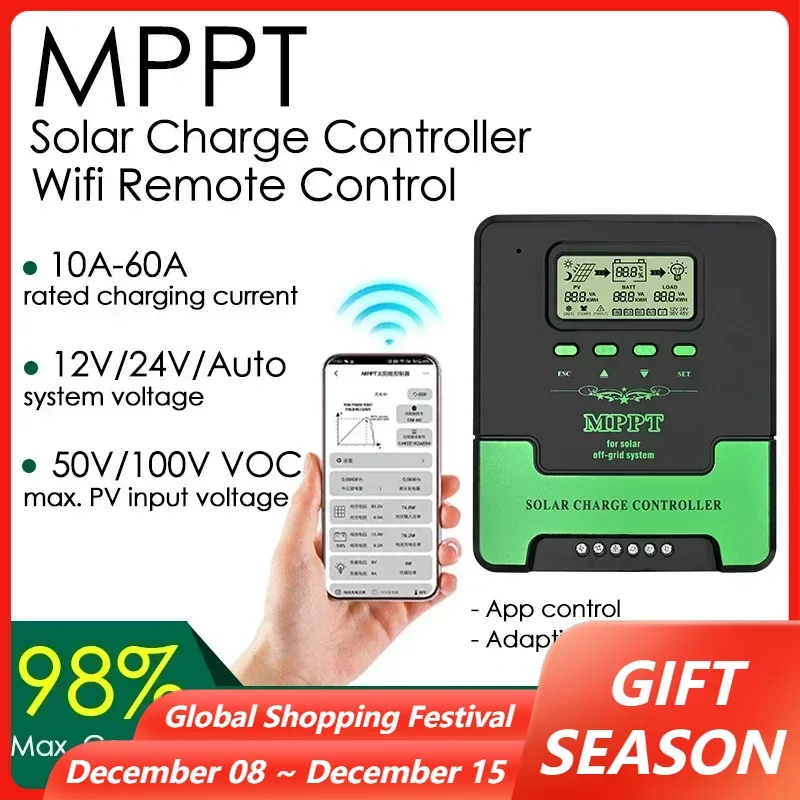 12/24V MPPT Solar Charge Controller 10/20/30/40/50/60A WiFi Solar Panel Regulator LCD USB for Lifepo4 Lead Acid Lithium Battery