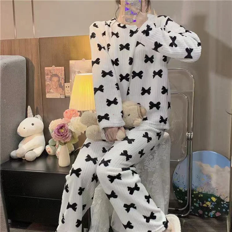 Women\'s Fall and Winter Pajamas Homewear Suit Bow Coral Velvet Pajamas Homewear New Women\'s Outer Loose Thickened Lazy Suit