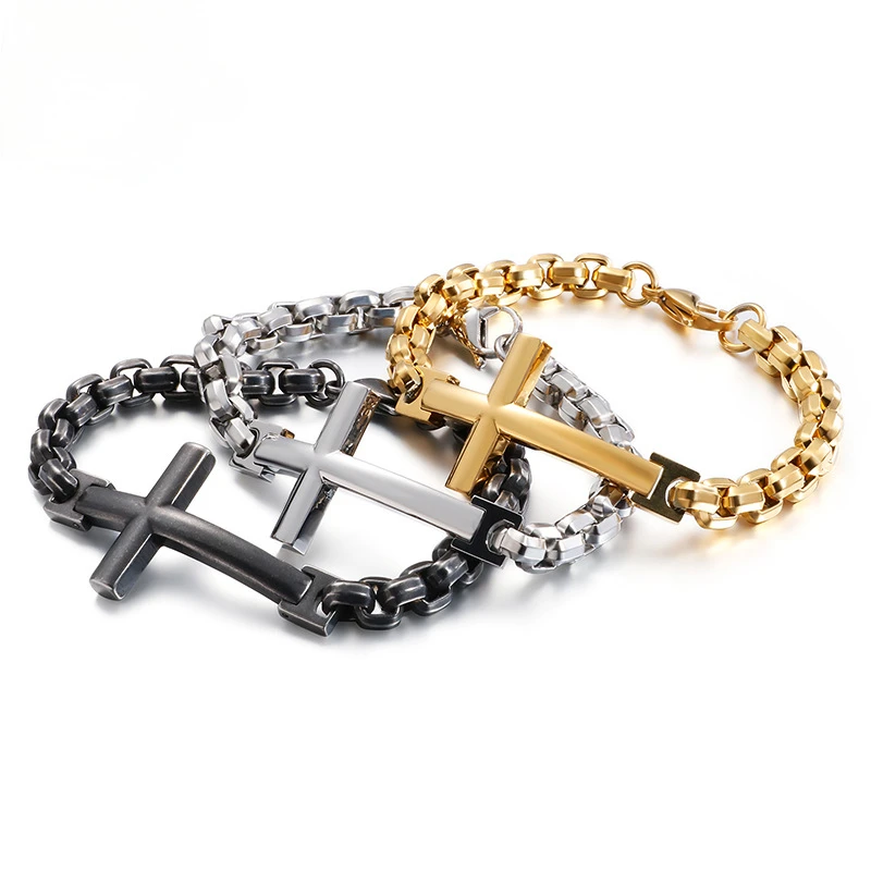 New Titanium Steel Mens Bracelet Stainless Steel Cross Square Pearl Cuban Link Punk Biker Hip Hop Jewelry Fashion Accessories