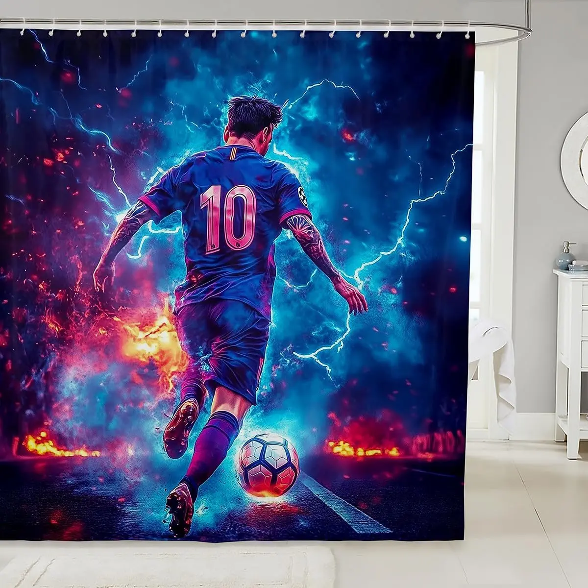 Lightning Fire Soccer Shower Curtain, Sport Game Print, Waterproof Fabric with 12 Hooks, Bathroom Decor for Boys Men