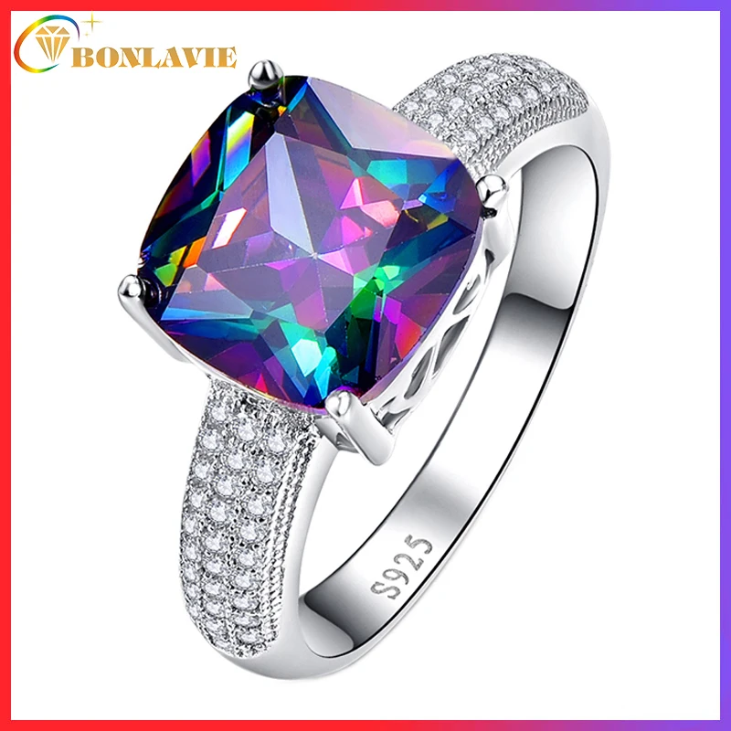 BONLAVIE Luxury 7.3ct Rainbow Fire Mystic Topazs Ring With AAA Crystal S925 Sterling Silver Jewelry Charm For Women Gift