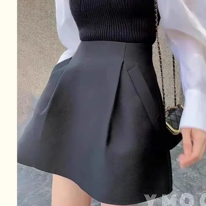 AA A Line Puffy Mini Black Skirt Women High Waist Korean Style Fall Wild Casual Sexy Retro Suits Skirts Female Fashio 2025 New