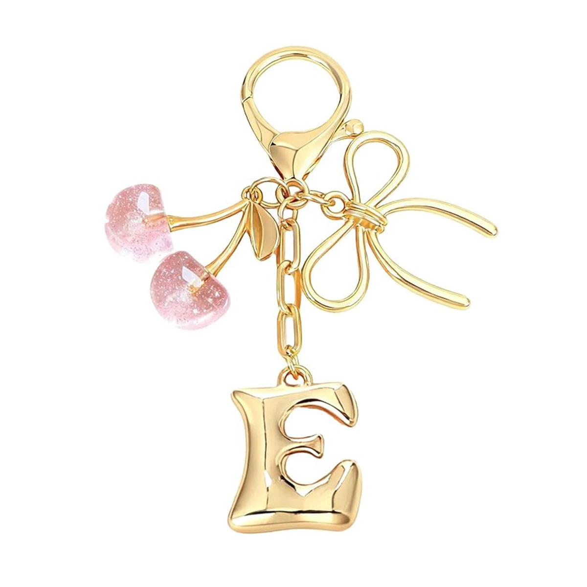 Gold Letter Bubble Initial Keychain with Bow & Cherry, Cute Handbag Accessory