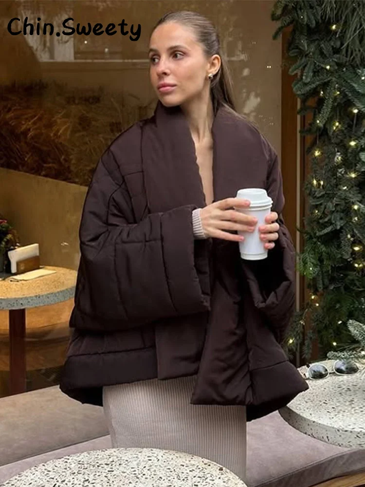 

Warm Women's Lace Up Cotton Padded Coats Loose Solid V-neck Full Sleeve Pockets Thicken Jacket 2025 Autumn Winter Lady Outwear