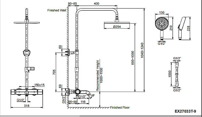 Thermostatic dual shower column