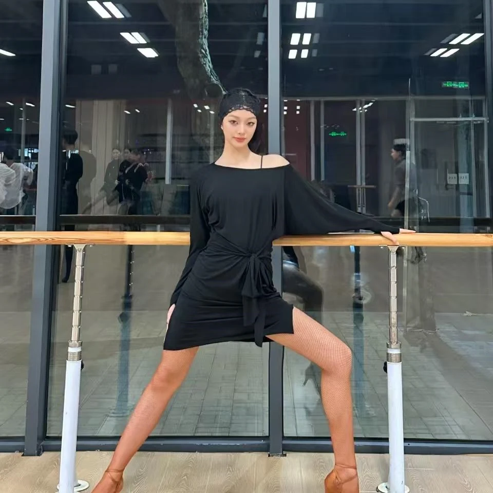 冬ラテンダンス衣装オフショルダー長袖ドレストレーニング服サンバタンゴダンス練習服着用