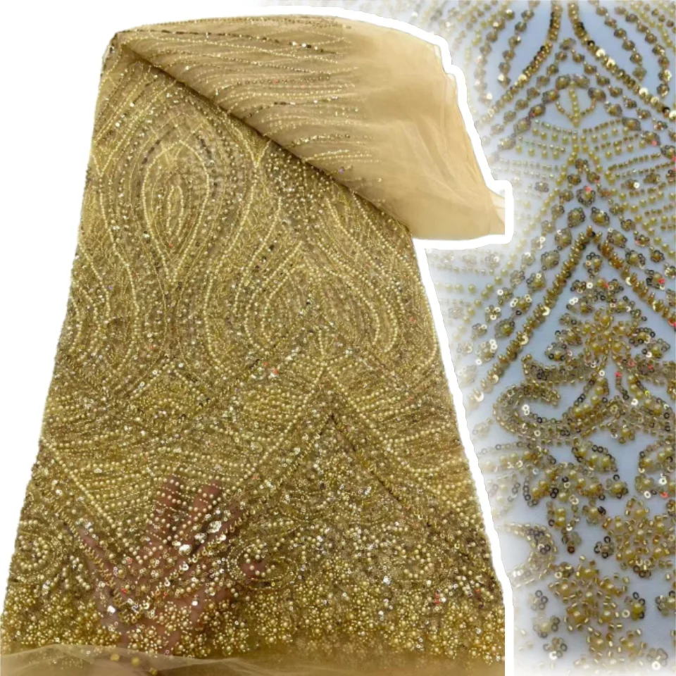 Tessuto di pizzo africano blu con paillettes ricami di perline nigeriano sposo da sposa tessuto di pizzo francese di alta qualità per matrimonio CC1438