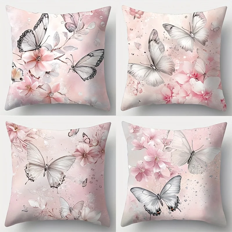 

4Pcs Romantic Pastel Throw Pillow Covers with Multi-style Butterfly Cherry Blossom Pattern Cushion Cases for Study Lounge Hotel