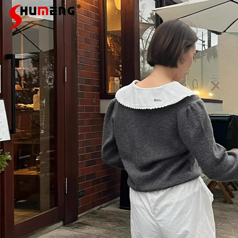 

Японский модный серый короткий свитер с милой буквенной вышивкой, весна-осень 2024, женские милые элегантные повседневные вязаные топы для девочек