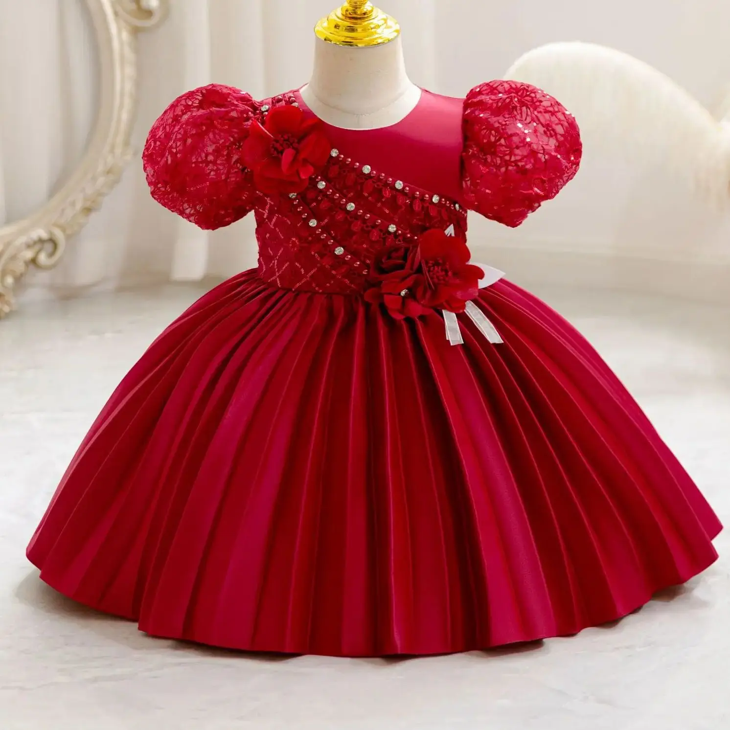HETISO Baby Girl Flower Dress Beading Children Wedding Birthday Party Princess Gown Kids Christmas Gown Gift 6M-4 Years