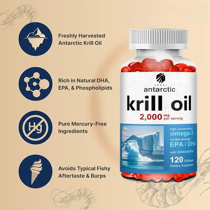 Antarctic Krill Oil Capsules 2000mg - Omega-3 EPA/DHA & Astaxanthin, Brain and Heart Health Support, Cardiovascular Health