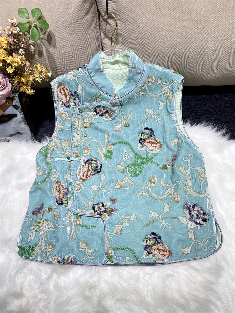 

Новая куртка в китайском стиле с асимметричным пэчворком из шелкового бархата с бисером, в национальном стиле, для любителей животных【Blue Blooming Fl...】