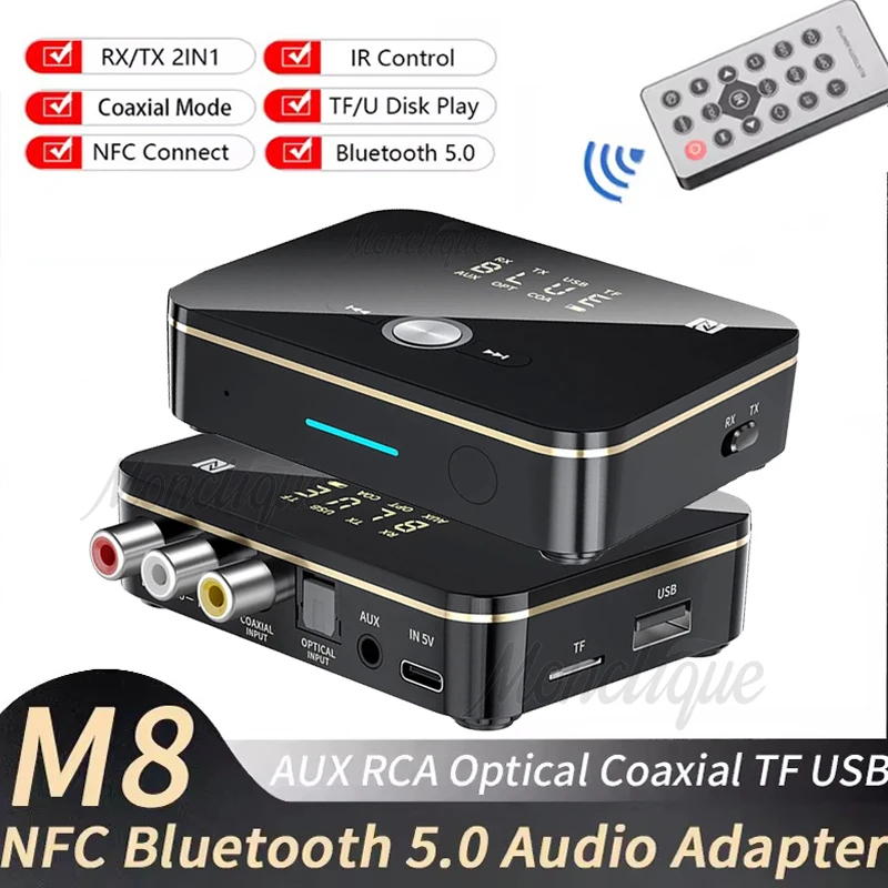 Bluetooth 5.0 Audio Receiver Transmitter FM Stereo AUX 3.5mm Jack RCA Interface NFC Wireless Audio Adapter With Remote Control