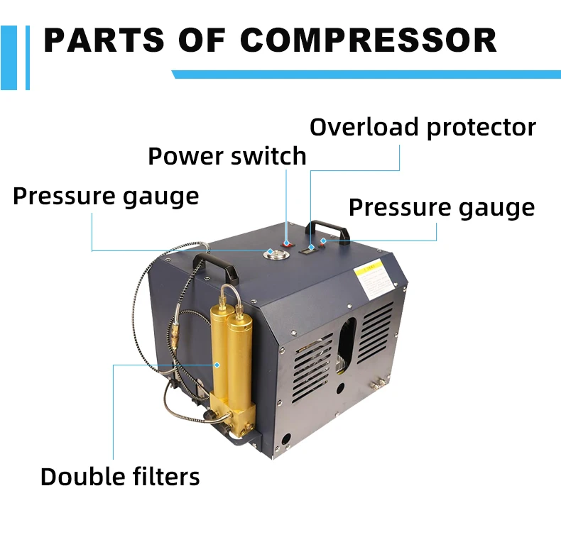 2.2 kw 4500psi 300bar Automatic Stop Portable Double Filters Scuba Diving Overload Protector PCP Paintball Air Compressor