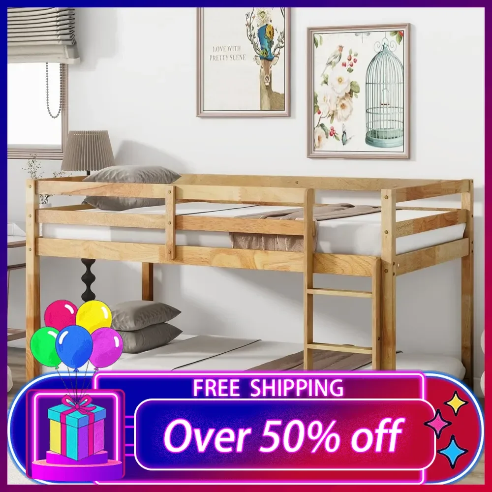 

Bunk Bed Twin Over Twin,Wood Low Profile Floor Twin Bunk Beds with Ladder Guardrails for Kid Boys and Girls,No Box Spring Needed